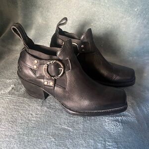 John Fluevog Black Leather Ankle Booties with Buckle Detail